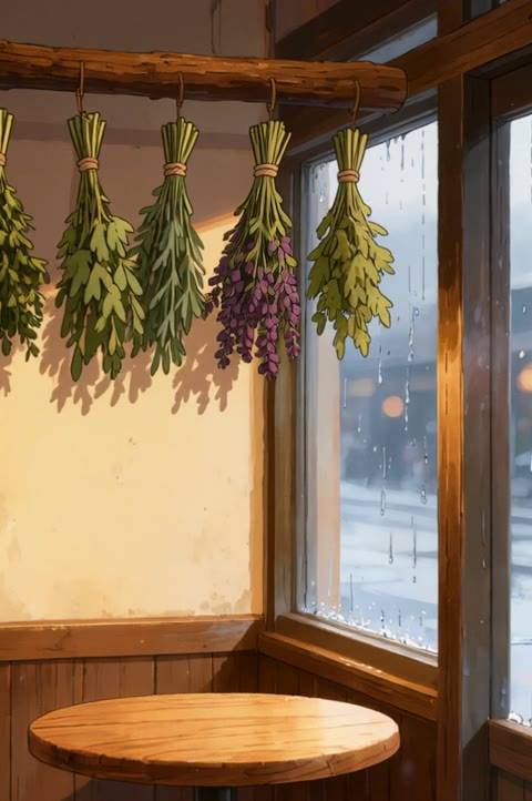 A warm cafe interior with hanging herbs and a rainy window view, perfect as a looping background for Twitch streams or a calming seamless animated wallpaper for YouTube. This cozy scene creates a peaceful atmosphere for content creators.