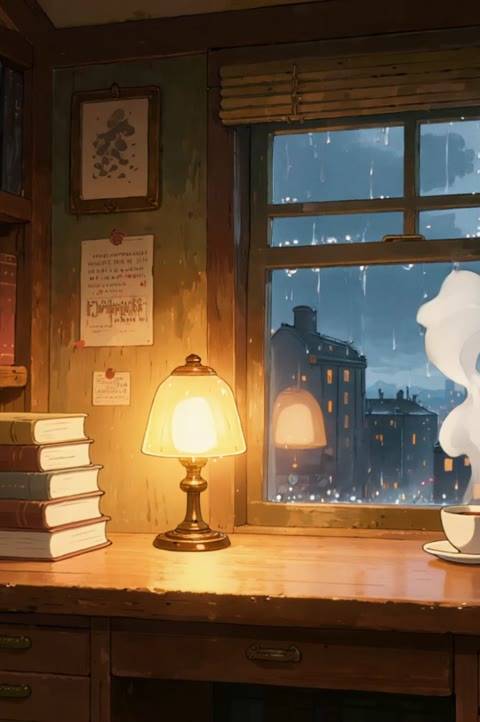 A seamless looping video background depicting a cozy, retro anime-style study with a rainy window view, ideal for Twitch streams, VTubers, or lofi YouTube channels. This animated wallpaper provides a serene and inviting atmosphere for any online content creator.