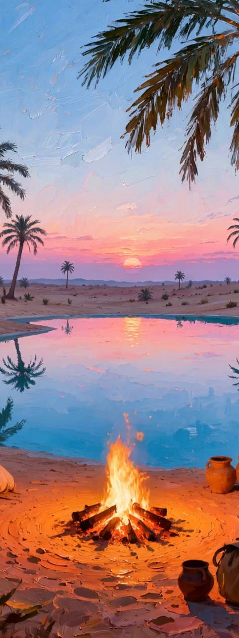 This seamless looping video background features a painterly desert oasis at sunset with a cozy campfire, perfect for Twitch streams, VTubers, and lofi YouTube channels. Enhance your broadcast with this tranquil animated wallpaper, depicting palm trees, a calm reflective pool, and a warm fire under a richly colored sky.