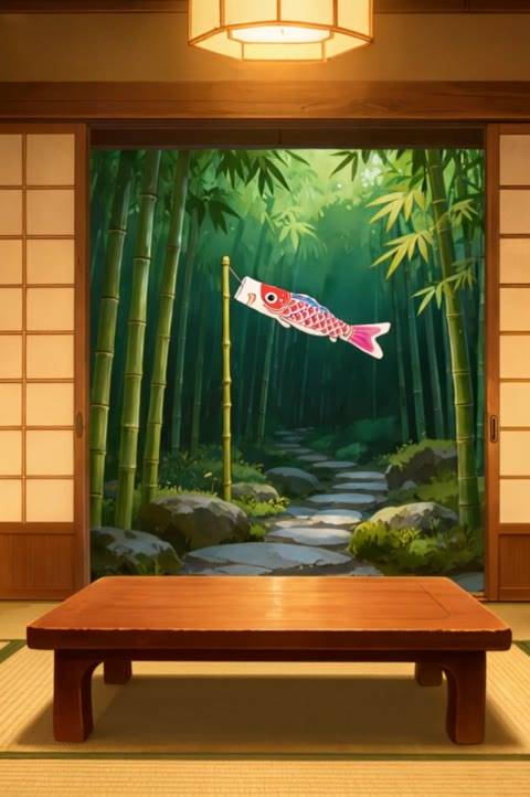 Immerse yourself in a serene Japanese setting with this looping background, featuring a traditional room opening to a lush bamboo forest with a festive koinobori streamer. Perfect for enhancing your Twitch, OBS, or YouTube channel with a peaceful and culturally rich atmosphere.