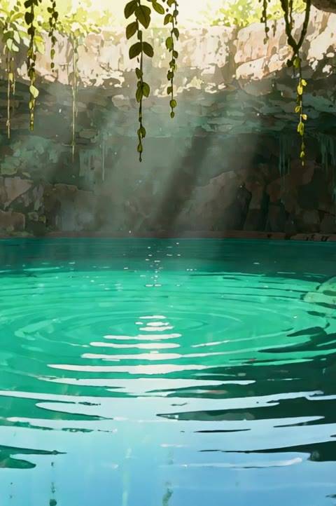A tranquil anime cenote cave with glowing turquoise water and a warm campfire, perfect for a serene looping background. This seamless animated wallpaper creates a peaceful atmosphere for your Twitch stream or YouTube channel.