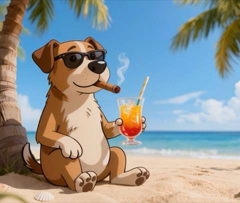A chill cartoon dog wearing sunglasses relaxes on a bright tropical beach with a cocktail. This seamless loop animation is perfect for summer-themed Twitch streams or upbeat Spotify canvases.