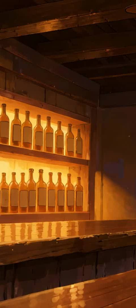 A warm and inviting anime bar counter, perfect as a looping background for Twitch streams or a seamless animated wallpaper. This cozy animated scene features glowing bottles and flickering candles, creating a relaxed atmosphere for VTubers and lofi YouTube channels.