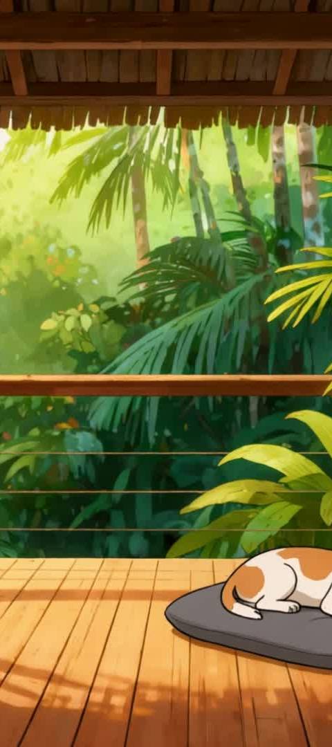 A serene looping video background featuring two sleeping Jack Russell puppies on a tropical porch, perfect as a seamless animated wallpaper for your lofi stream or YouTube channel. Enhance your Twitch or OBS setup with this tranquil, nature-inspired scene.