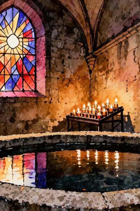This looping background features a serene chapel interior with a glowing stained glass window and candlelight reflecting in a baptismal pool, perfect for Twitch streams, VTubers, or lofi YouTube content. Use this seamless animated wallpaper to create a peaceful, ancient atmosphere for your viewers.
