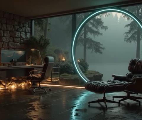 A futuristic luxury office featuring a stone accent wall, glowing teal ring, and a panoramic view of a misty evergreen forest. Perfect for a high-end Twitch stream or a professional lofi background.