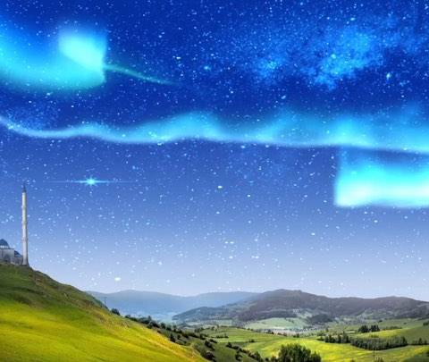 A breathtaking seamless loop featuring a majestic white mosque on a grassy hill under a vibrant cyan aurora and starry galaxy. Perfect for spiritual meditation or ethereal stream backgrounds.