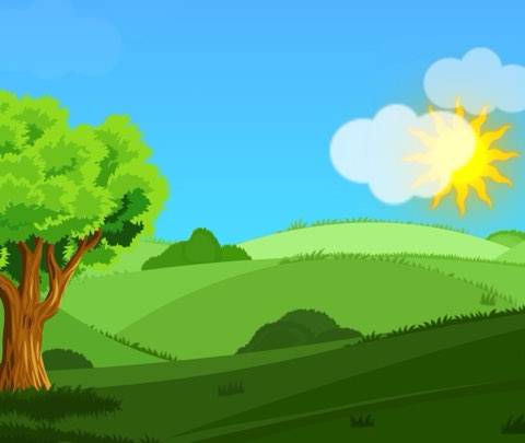 A vibrant 2D cartoon landscape featuring a bright sun and rolling green hills. This cheerful, seamless animated wallpaper is perfect for kid-friendly streams or upbeat video backgrounds.