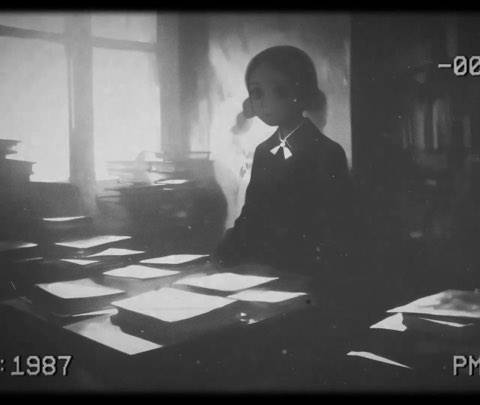 A haunting monochrome VHS-style looping background featuring a girl in a dimly lit library. Perfect for horror lofi streams, creepypasta narrations, or nostalgic glitch aesthetics.