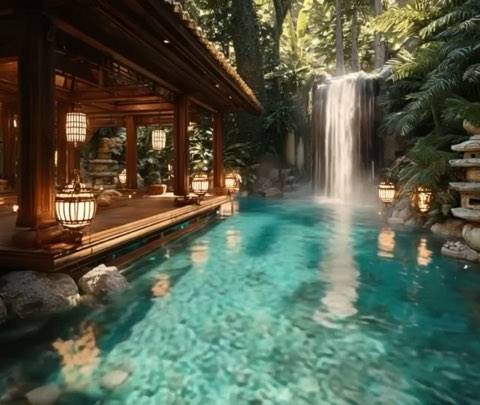 A serene tropical zen retreat featuring a cascading waterfall into a turquoise pool and a glowing wooden pavilion. Perfect looping background for Twitch streams or meditation videos.