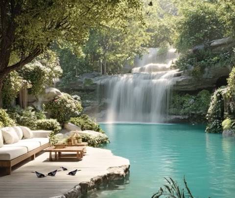 A serene tropical lagoon featuring a multi-tiered waterfall and a luxury outdoor lounge. Perfect for lofi streams, meditation backgrounds, or relaxing desktop wallpaper.