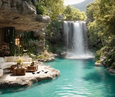 A breathtaking tropical villa nestled under a rocky overhang beside a turquoise waterfall. This luxury jungle loop is perfect for deep relaxation, meditation, or as a serene stream background.
