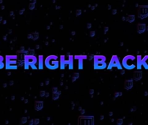 A professional 'Be Right Back' streaming screen featuring neon blue and purple gradients with a floating Twitch logo background. Perfect for Twitch pauses and live stream breaks.
