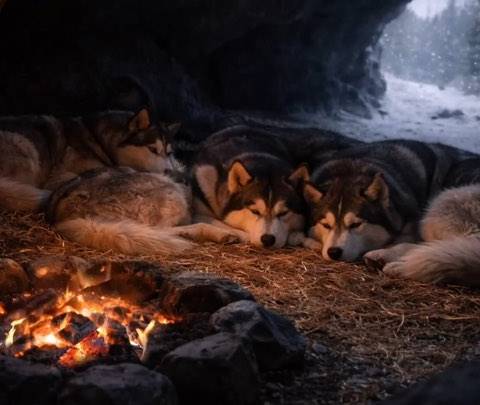 A comforting looping background of huskies resting by a warm campfire in a snow cave. Perfect as a seamless animated wallpaper or for your Twitch stream.