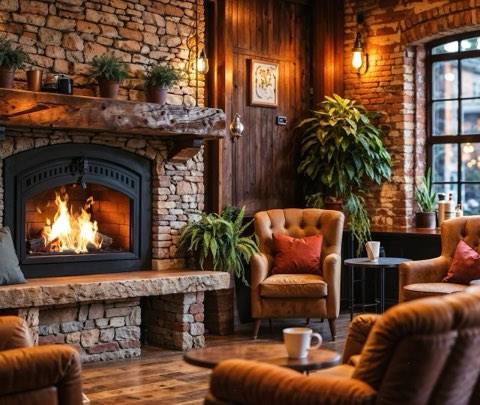 A warm and inviting looping background featuring a crackling fireplace in a cozy café setting. Perfect for seamless animated wallpapers and livestream backgrounds.