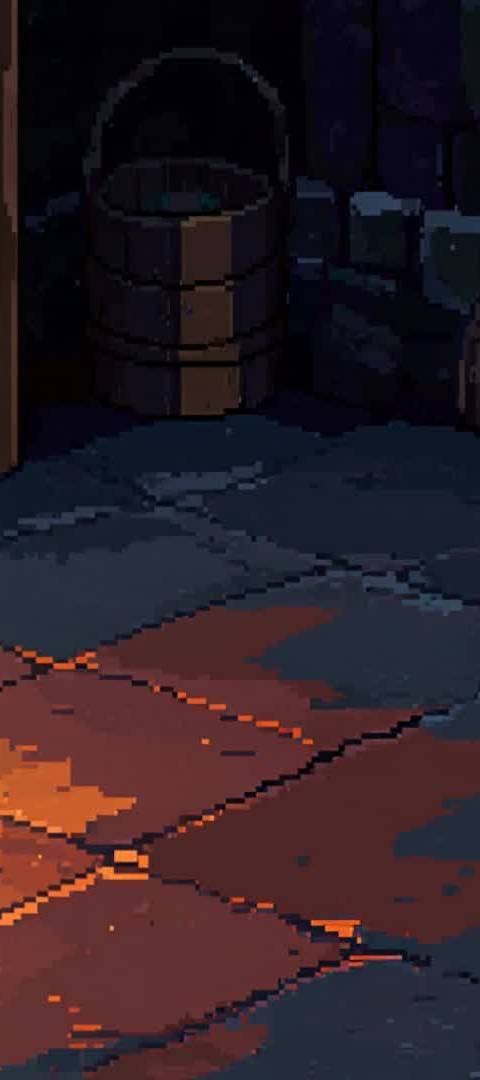 A charming pixel art looping background featuring a witch's cauldron and glowing jack-o'-lantern, perfect for Halloween Twitch streams, VTubers, and lofi YouTube channels. This seamless animated wallpaper sets a spooky yet cozy mood for your broadcasts.