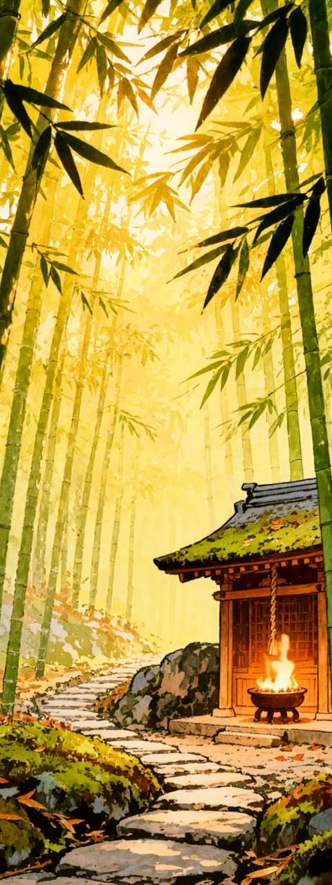 Set a tranquil, storybook scene for your stream with this looping background featuring a serene bamboo forest and a cozy shrine. This seamless animated wallpaper is perfect for Twitch, OBS, and lofi YouTube channels seeking a peaceful aesthetic.
