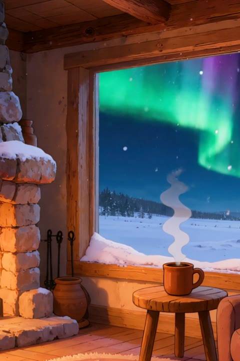 A serene looping background for Twitch or YouTube, featuring a warm anime cabin interior with a crackling fireplace and a view of the magical aurora borealis. Perfect as a seamless animated wallpaper to create a peaceful winter ambiance for your stream or content.