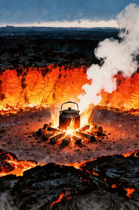 A mesmerizing looping background featuring a stylized campfire within a glowing lava pit. Perfect as a seamless animated wallpaper or Twitch stream overlay for intense or adventurous content.