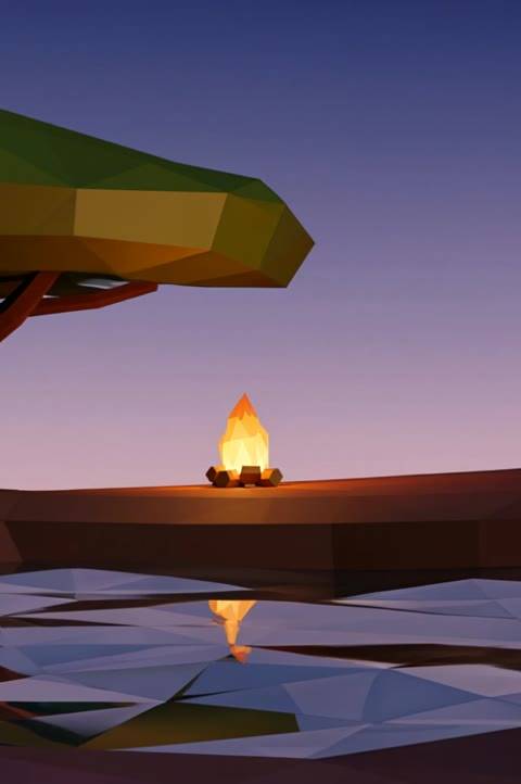 A serene low-poly savanna setting with a warm campfire reflecting in a still waterhole, designed as a seamless looping background for Twitch streams. Perfect for VTubers, lofi channels, or anyone needing a calm animated wallpaper.