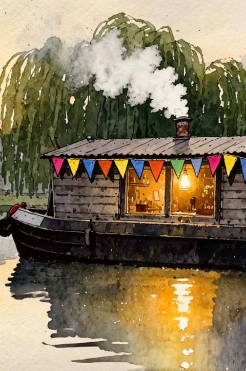 A seamless looping background for Twitch streamers, VTubers, and lofi YouTube channels, featuring a warm and inviting narrowboat cafe on a tranquil river.