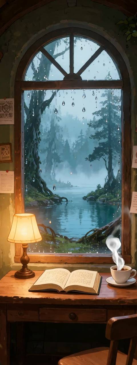This seamless looping video background features a cozy anime-style library study with a large window overlooking a rainy lakeside forest, ideal for Twitch streams or YouTube lofi channels.