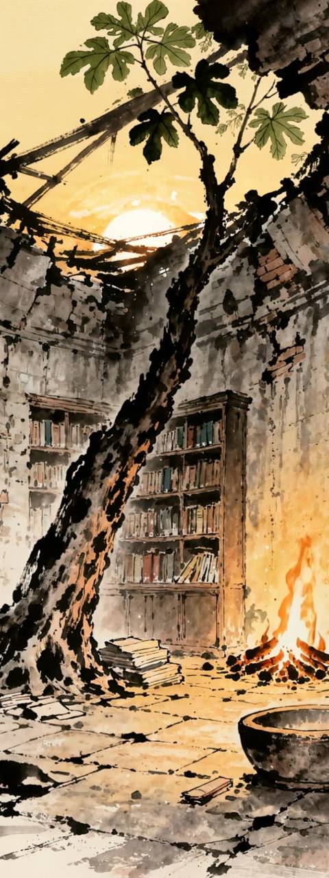 A watercolor ruined library background features a large tree growing through the ceiling, casting sunlight onto ancient bookshelves and a warm, glowing fire. This seamless looping background is ideal for Twitch streams, VTuber setups, or lofi YouTube channels.