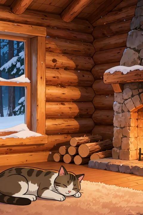 This seamless looping video background features a tranquil anime log cabin scene, perfect for adding warmth to your Twitch streams or YouTube lofi content. Enhance your online presence with a cozy animated wallpaper of a sleeping cat by a crackling fireplace.