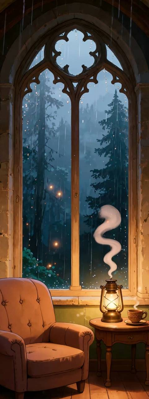 A seamless looping animated background featuring a cozy library scene with a gothic window and gentle rain, perfect for Twitch streams or YouTube lofi videos. This animated wallpaper creates a relaxing and enchanting atmosphere for your audience.