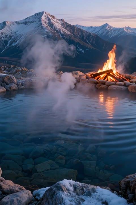 A seamless looping background for Twitch streams and YouTube videos, featuring a warm hot spring and campfire in a snowy mountain landscape. This animated wallpaper creates a relaxing and inviting atmosphere for your audience.