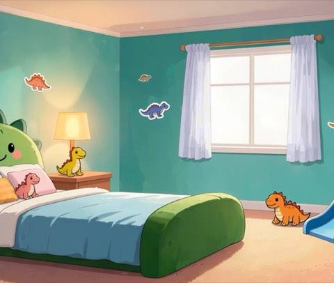 A charming, dinosaur-themed child's bedroom featuring a slide and warm lighting. This seamless animated wallpaper is perfect for family-friendly Twitch streams or YouTube storytelling backgrounds.