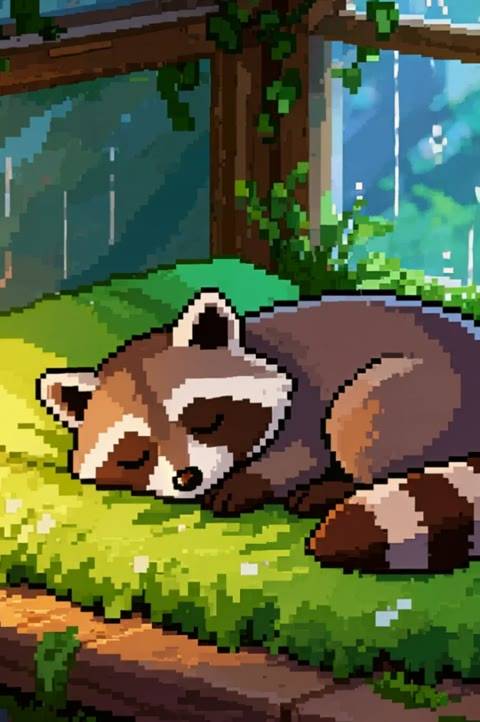 This cozy pixel art looping background features a sleeping raccoon in a rainy greenhouse, perfect for Twitch streams. Use this seamless animated wallpaper to create a relaxing lofi atmosphere for your OBS, VTuber, or YouTube channel.