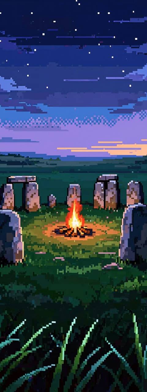 This pixel art stone circle features a warm, crackling campfire under a serene, starry night sky, creating a perfect seamless looping background. Ideal for Twitch streams, OBS scenes, VTubers, or lofi YouTube videos needing a calm, ancient, and cozy atmosphere.