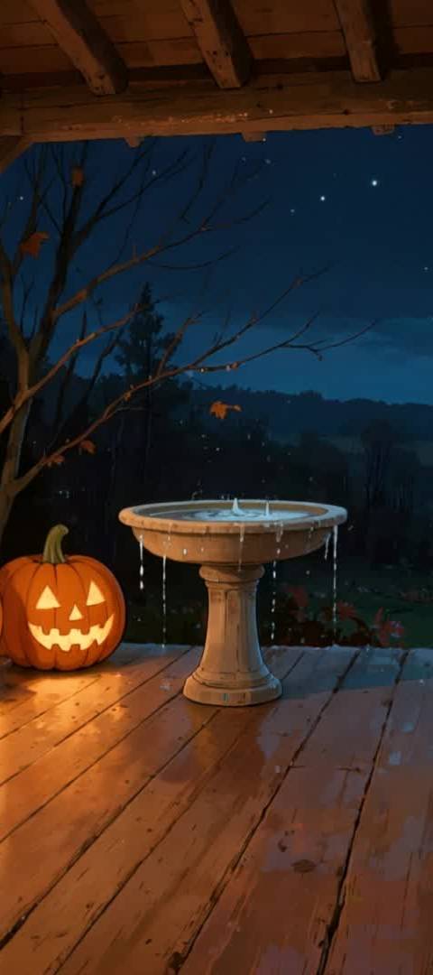 A cozy Halloween porch scene at night, perfect as a looping background for Twitch streams or a seamless animated wallpaper. Features glowing jack-o'-lanterns and a warm, inviting atmosphere.