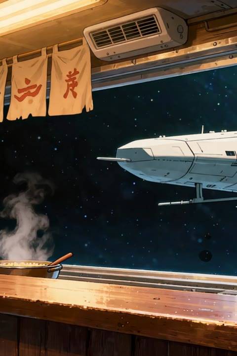 This looping video background features a cozy anime-style noodle bar in orbit, perfect for Twitch streamers and VTubers. Use this seamless animated wallpaper to set a unique, futuristic atmosphere for your Lofi YouTube channel.