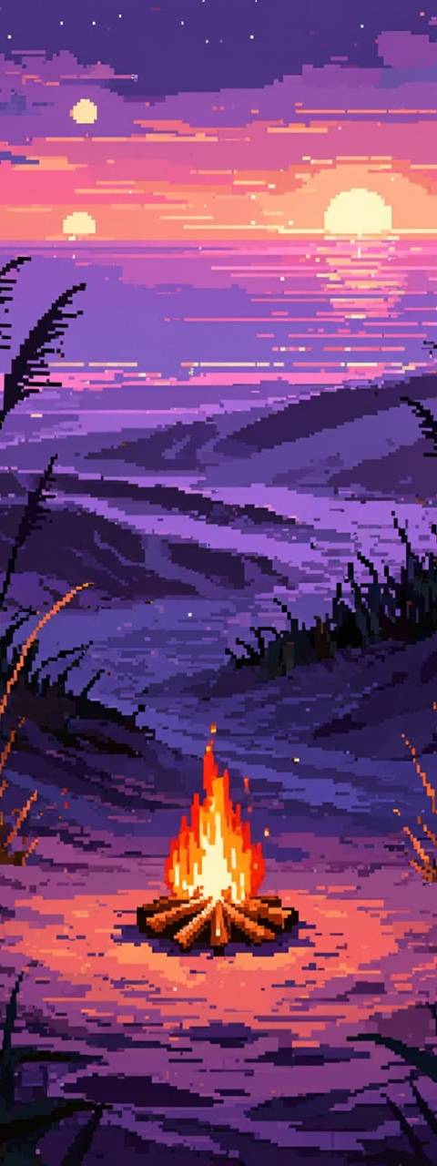 A captivating pixel art scene featuring a cozy campfire on a serene beach at sunset, ideal as a looping background for Twitch streams or a calming animated wallpaper for your desktop.