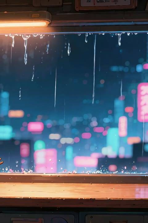 A seamless looping background showing a rainy cyberpunk city from inside a cozy noodle bar, ideal for Twitch streamers and VTubers seeking an atmospheric animated wallpaper.