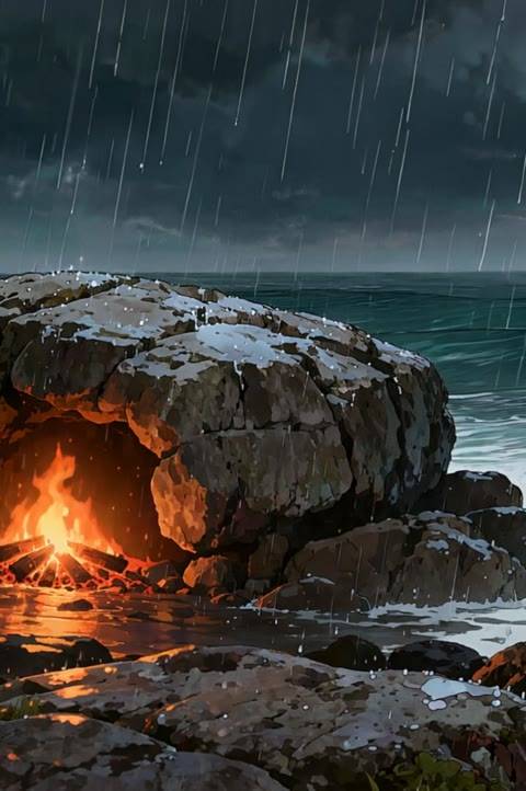 A seamless looping anime background featuring a warm fire nestled in a rocky cave by a stormy, rainy ocean. This animated wallpaper is perfect for Twitch streams, VTuber setups, or lofi YouTube channels seeking a cozy, dramatic atmosphere.