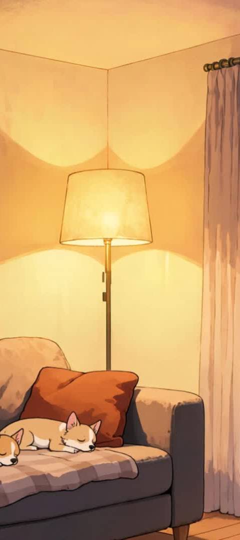 A gentle looping background featuring adorable corgis sleeping soundly on a couch, perfect for Twitch streamers and VTubers. This seamless animated wallpaper offers a serene night city view, creating a calm atmosphere for any broadcast or lofi YouTube channel.