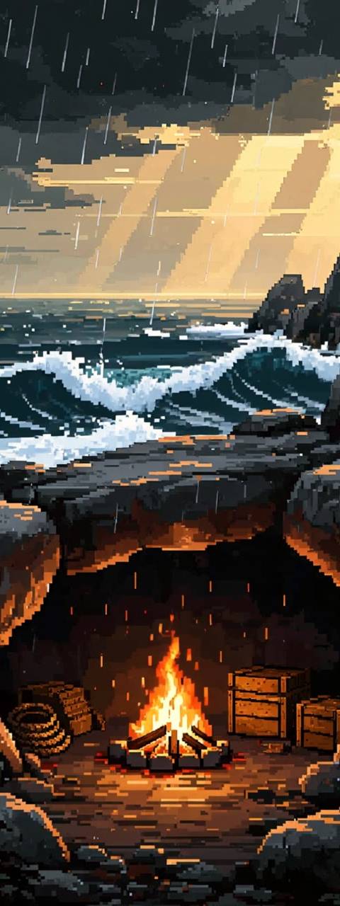 A premium pixel art looping background for Twitch streams and OBS setups, featuring a cozy campfire in a rock shelter on a stormy, rainy coast. Perfect for a seamless animated wallpaper on your lofi YouTube channel.