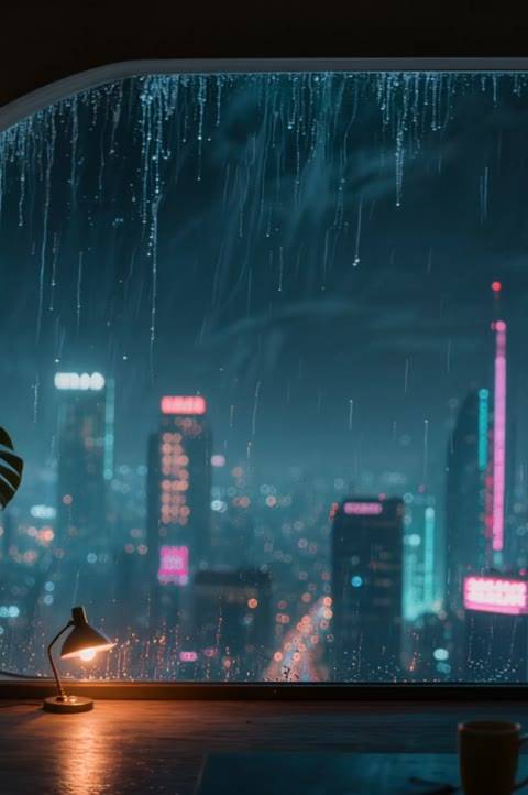 Upgrade your stream with this seamless looping background, showcasing a cozy penthouse interior with rain streaking down a large window, overlooking a neon-lit cyberpunk city. Ideal as an animated wallpaper for Twitch, OBS, VTubers, and lofi YouTube channels.