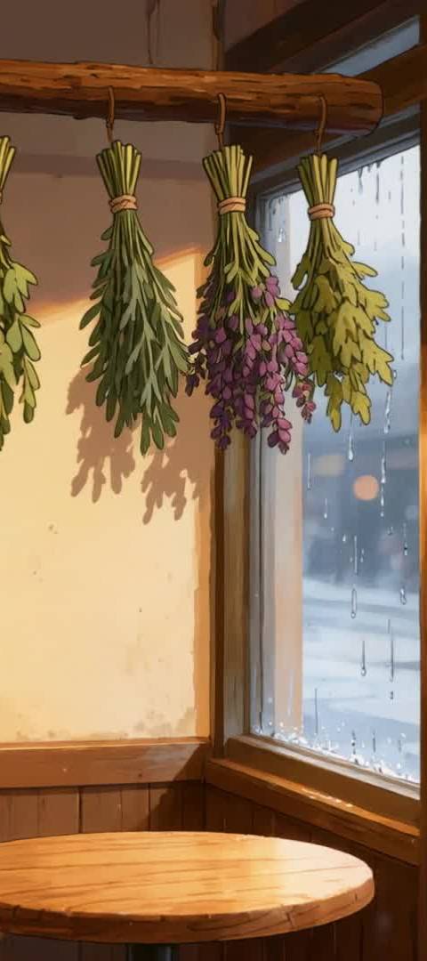 This looping video background offers a cozy cafe ambiance, ideal for Twitch streams, VTubers, or lofi YouTube channels. The scene features a warm interior with a view of gentle rain outside a large window, creating a peaceful and engaging visual.