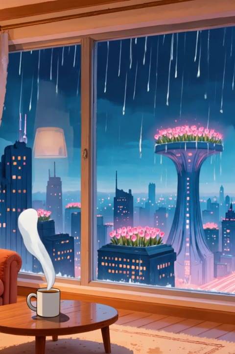A seamless looping background featuring a warm, inviting loft interior with a panoramic view of a rainy, futuristic city adorned with blooming rooftop gardens, perfect for Twitch streams or YouTube channels.