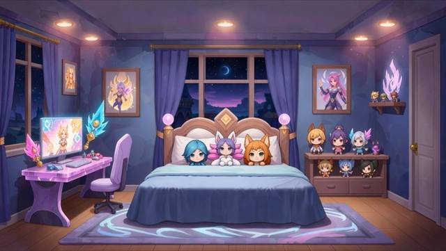 A magical chibi-themed gamer bedroom at night featuring glow-in-the-dark fantasy crystals and a plushie-filled bed. Perfect for lofi streams, VTuber backgrounds, or a cozy gaming aesthetic.