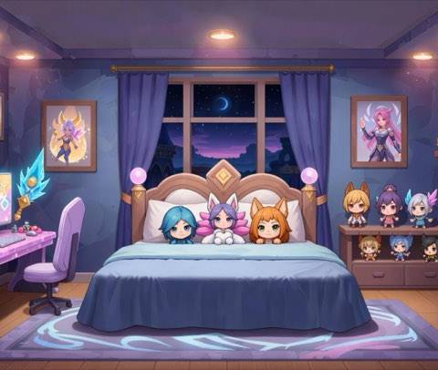 A magical chibi-themed gamer bedroom at night featuring glow-in-the-dark fantasy crystals and a plushie-filled bed. Perfect for lofi streams, VTuber backgrounds, or a cozy gaming aesthetic.