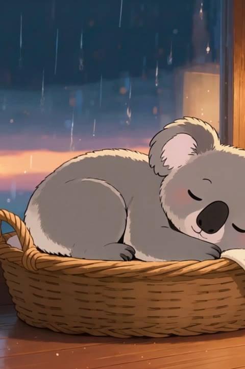 A sweet anime koala sleeps soundly in a cozy basket by a window as gentle rain falls outside. This seamless looping background is perfect for Twitch streams, VTubers, and lofi YouTube channels seeking a calm, heartwarming atmosphere.