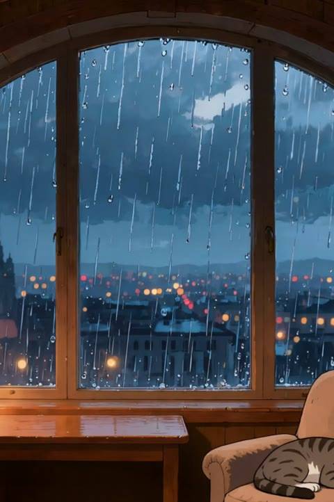 Immerse your audience in a tranquil ambiance with this seamless looping background featuring a cozy library, a sleeping cat by a rainy window, and distant city lights. Perfect for Twitch streams, OBS setups, VTubers, and lofi YouTube channels seeking a peaceful, animated aesthetic.