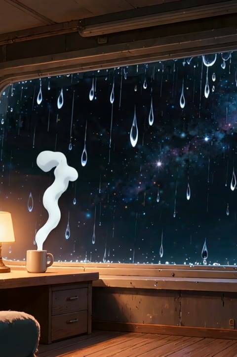 A cozy retro-futuristic study room on a space station, featuring a large window with rain streaks and a starry galaxy view. This looping background is perfect for Twitch streams, VTubers, or lofi YouTube channels seeking a calm, atmospheric setting.