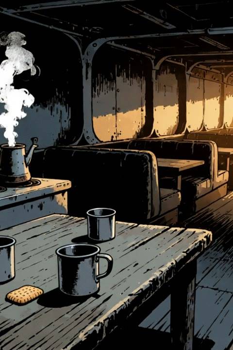 This dark, noir-style ship galley background features a steaming kettle and a sleeping cat, creating a calm, vintage atmosphere. It is a seamless animated wallpaper ideal for Twitch, OBS, or lofi YouTube channels seeking a cozy, unique setting.