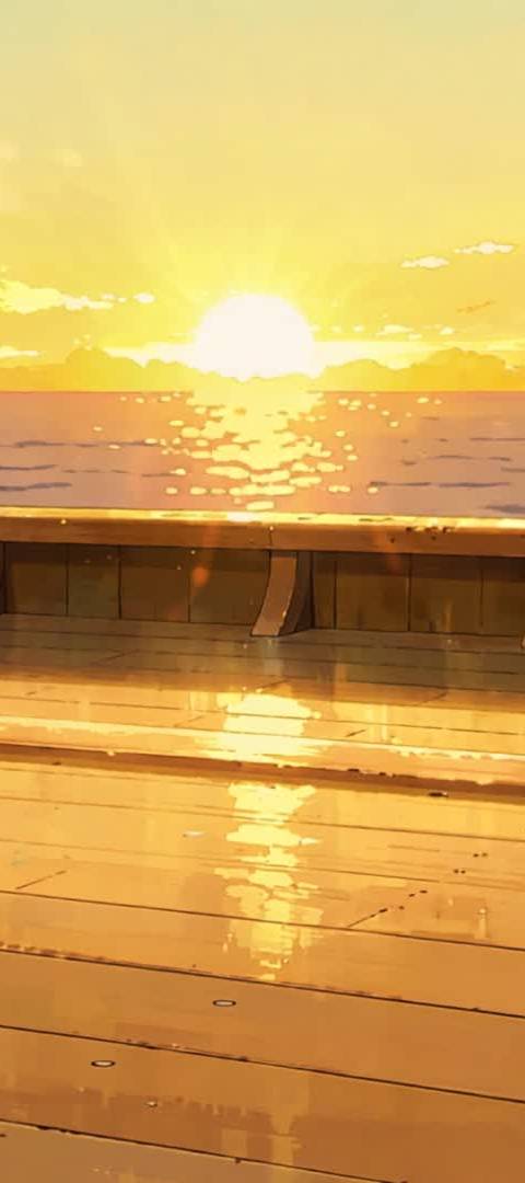 A serene looping background featuring a golden ocean sunset from a wooden deck, perfect for Twitch streams, VTuber content, or lofi YouTube videos. This seamless animated wallpaper creates a peaceful, warm atmosphere for your audience.